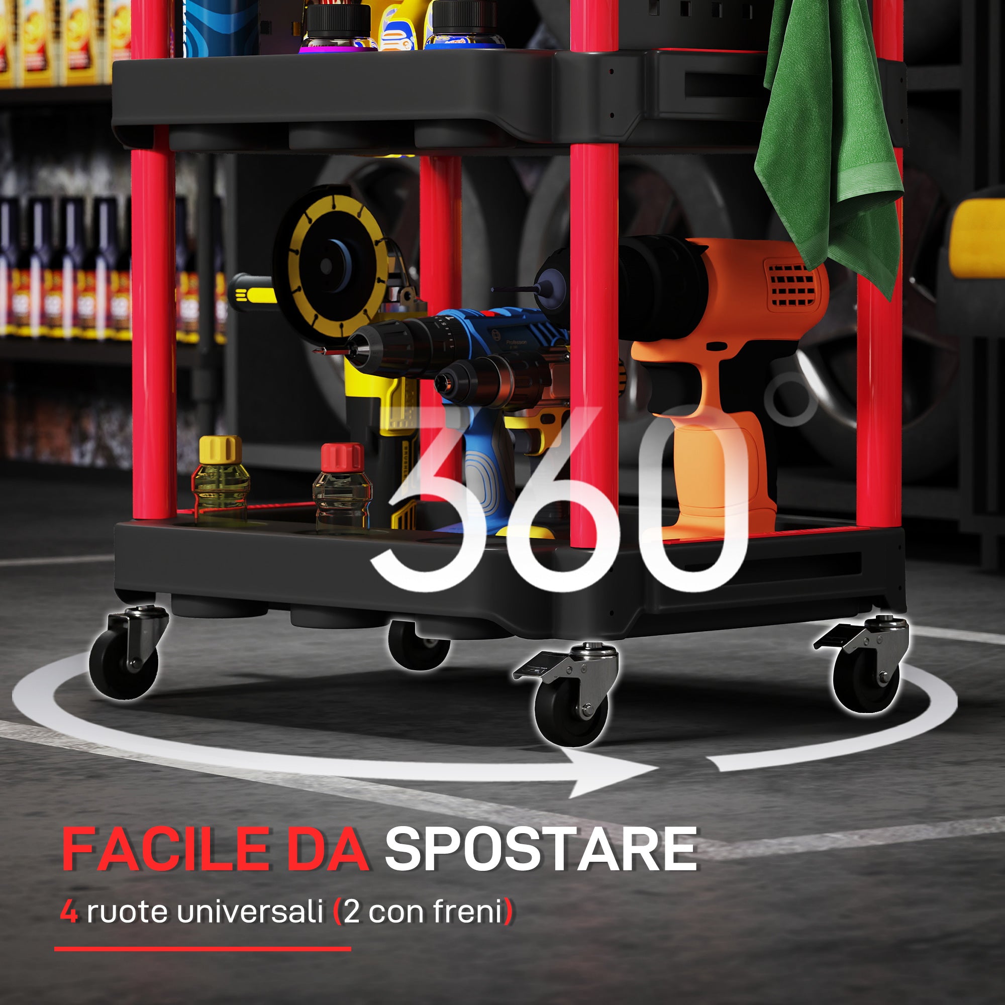 3-Tier Plastic Tool Cart with Side Perforated Panel, Black and Red