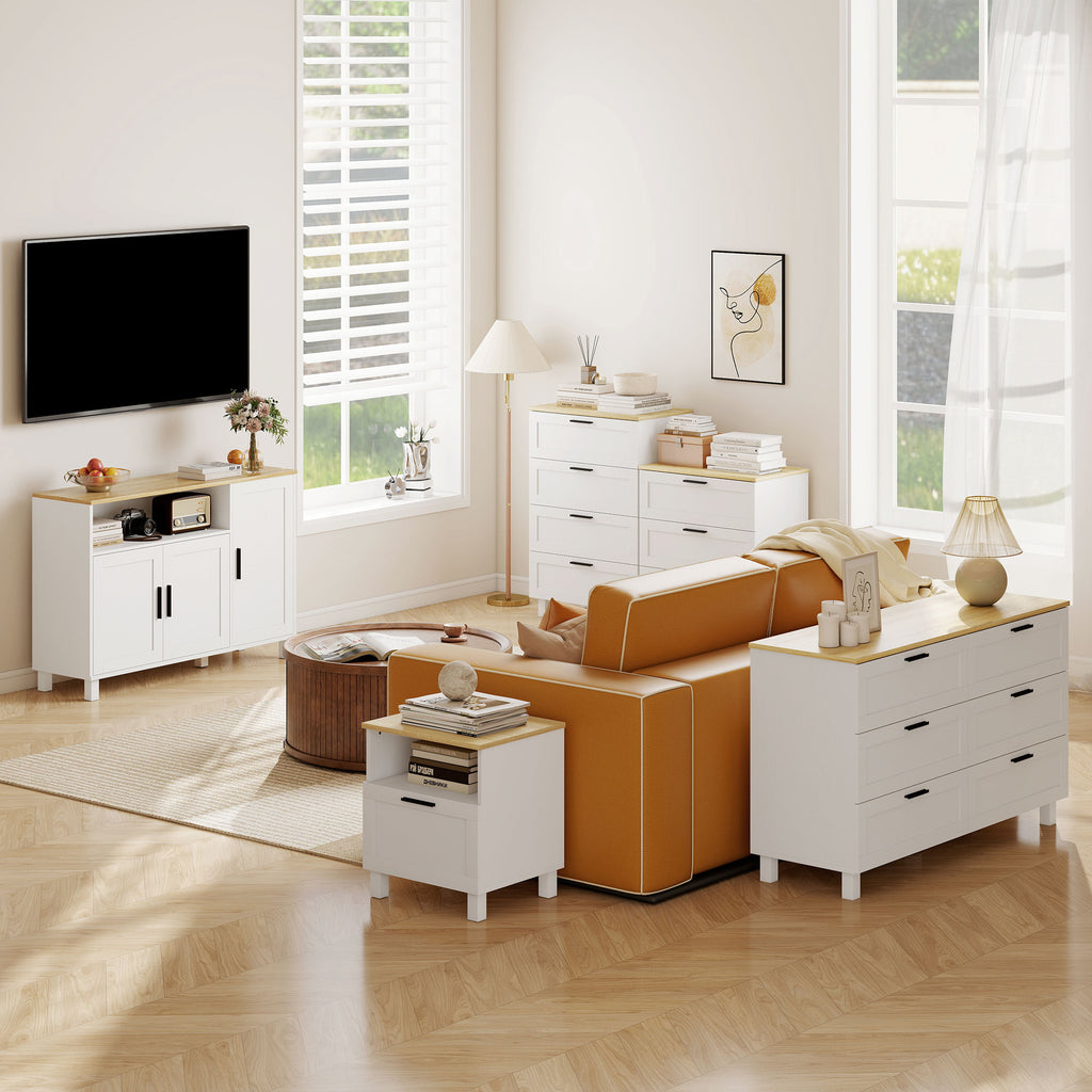 Kitchen Sideboard with Soft-Close Doors, 2 Cupboards and Open Wooden Compartment, 110x33x75 cm, White
