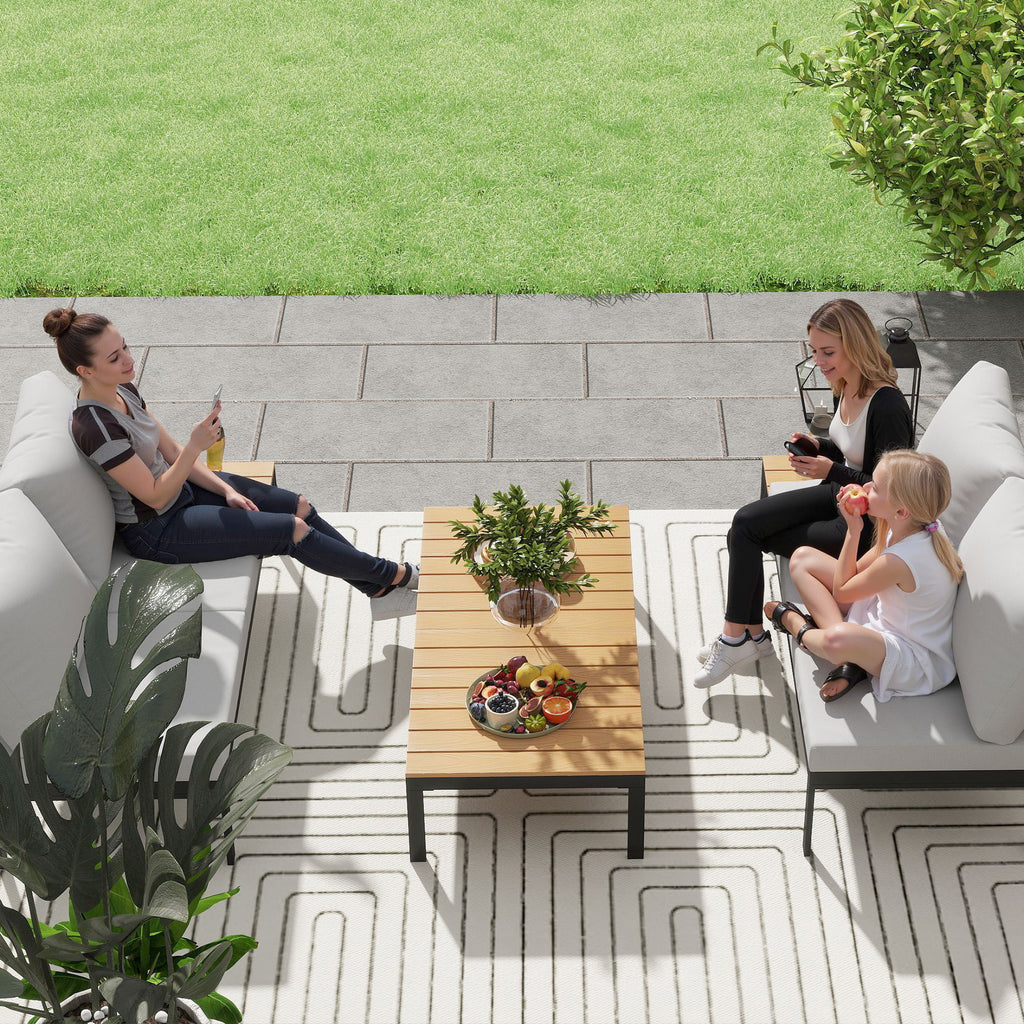 4 Piece Garden Set with 2 2 Seater Sofas and 2 Coffee Tables in Metal and Composite Wood, Grey Black and Teak