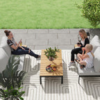 4 Piece Garden Set with 2 2 Seater Sofas and 2 Coffee Tables in Metal and Composite Wood, Grey Black and Teak