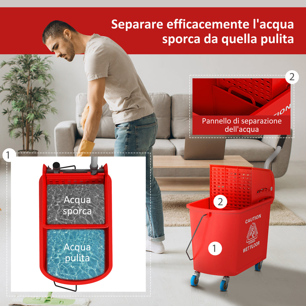 HOMCOM Cleaning Trolley Floor Mop with Wringer 60x27x70.5cm Red