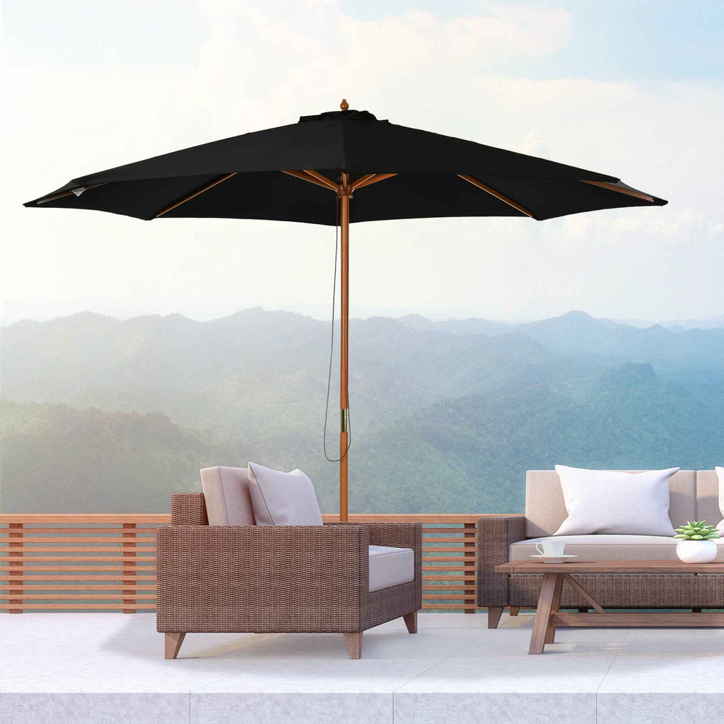 Outsunny 3m Garden Umbrella with Wooden Pole, 8 Ribs and Polyester Sunshade, Black