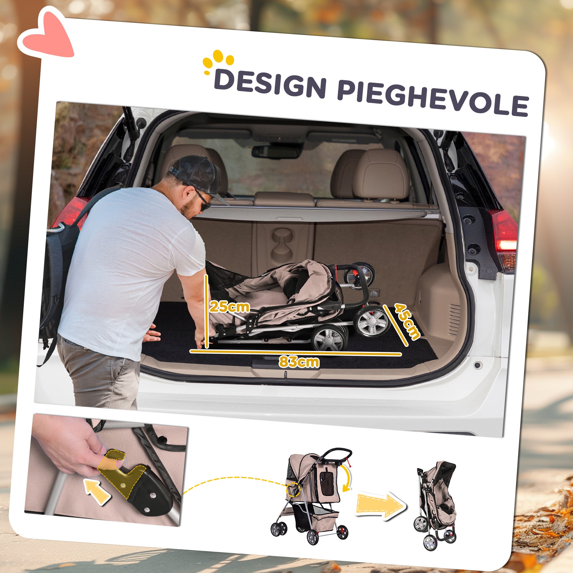 Folding Fabric Dog Stroller with Basket and Cup Holder, 75x45x97cm - Brown