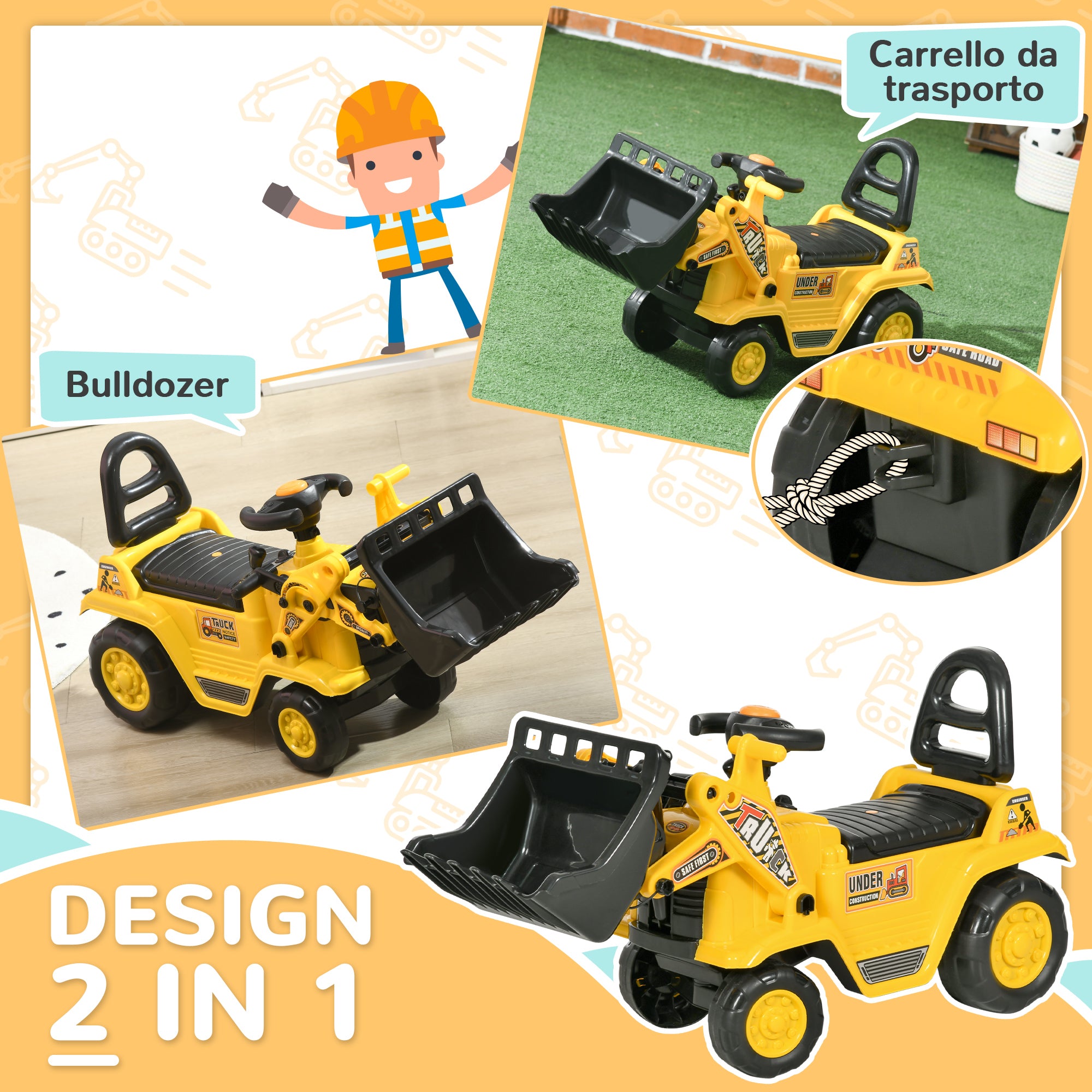 Children's Excavator with Bucket and Retractable Storage Space, PP and ABS, 80x26.5x39 cm, Yellow and Black