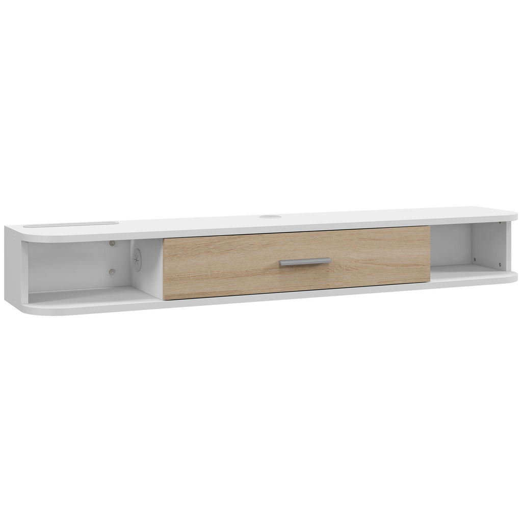 Wall Mounted Wooden TV Cabinet with 2 Open Shelves and Cabinet, 120x26x16 cm, White and Oak