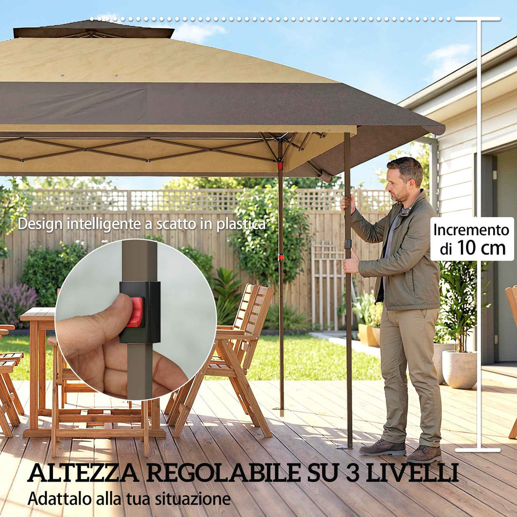 Outsunny 4x4m Folding Gazebo with 4 Side Mosquito Nets, Double Roof, and Sandbags, Khaki and Brown