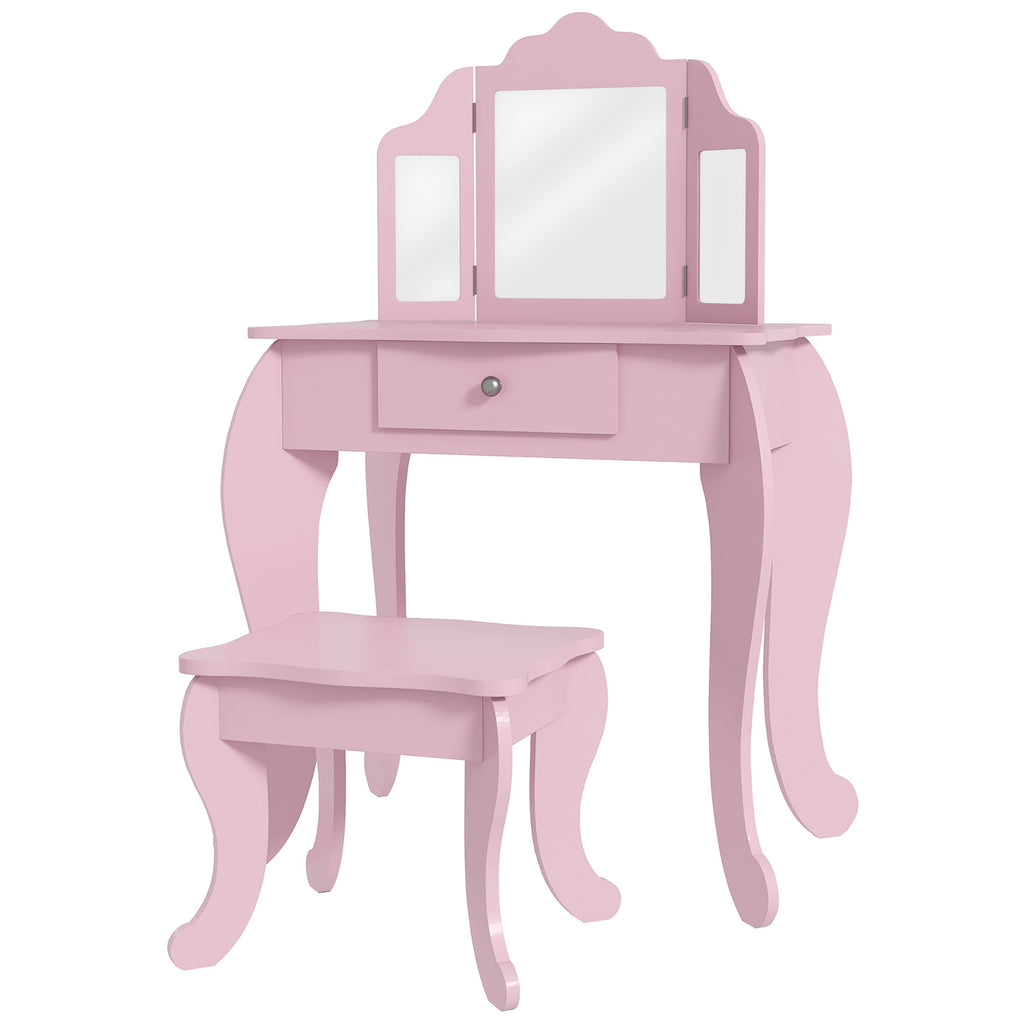 Children's Dressing Table with Stool and Adjustable Mirror, Girls' Dressing Table with Drawer, Pink