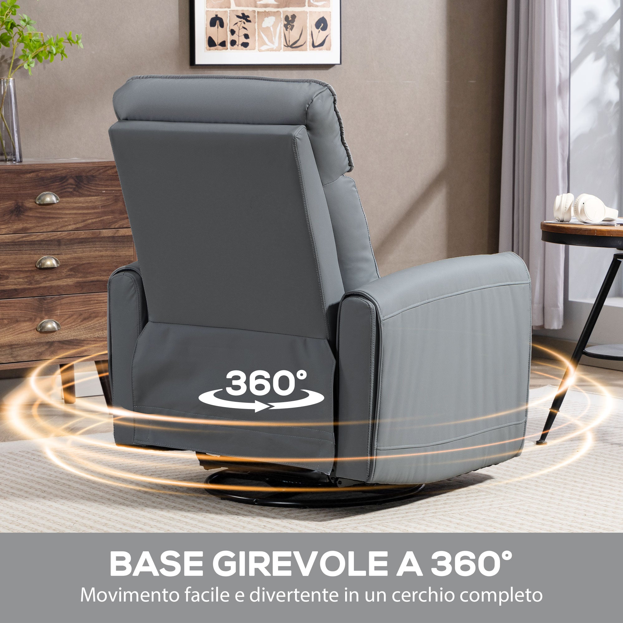 Manually Reclining Relaxing Chair with Leather-Effect Fabric Footrest and Swivel Base, Grey