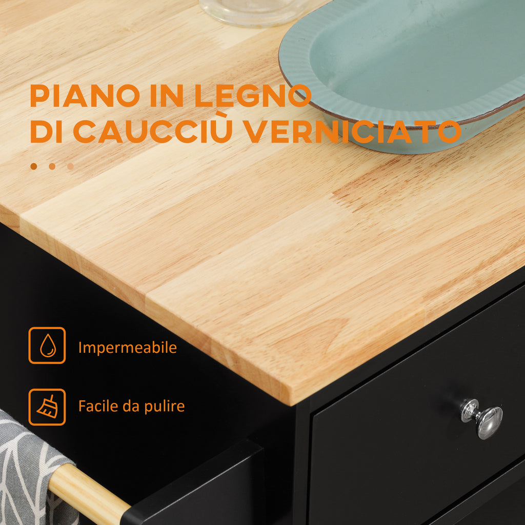 Kitchen Trolley with Cabinet, 2 Drawers and Spice Rack, Wooden Kitchen Island, 89x45x89.5cm, Black