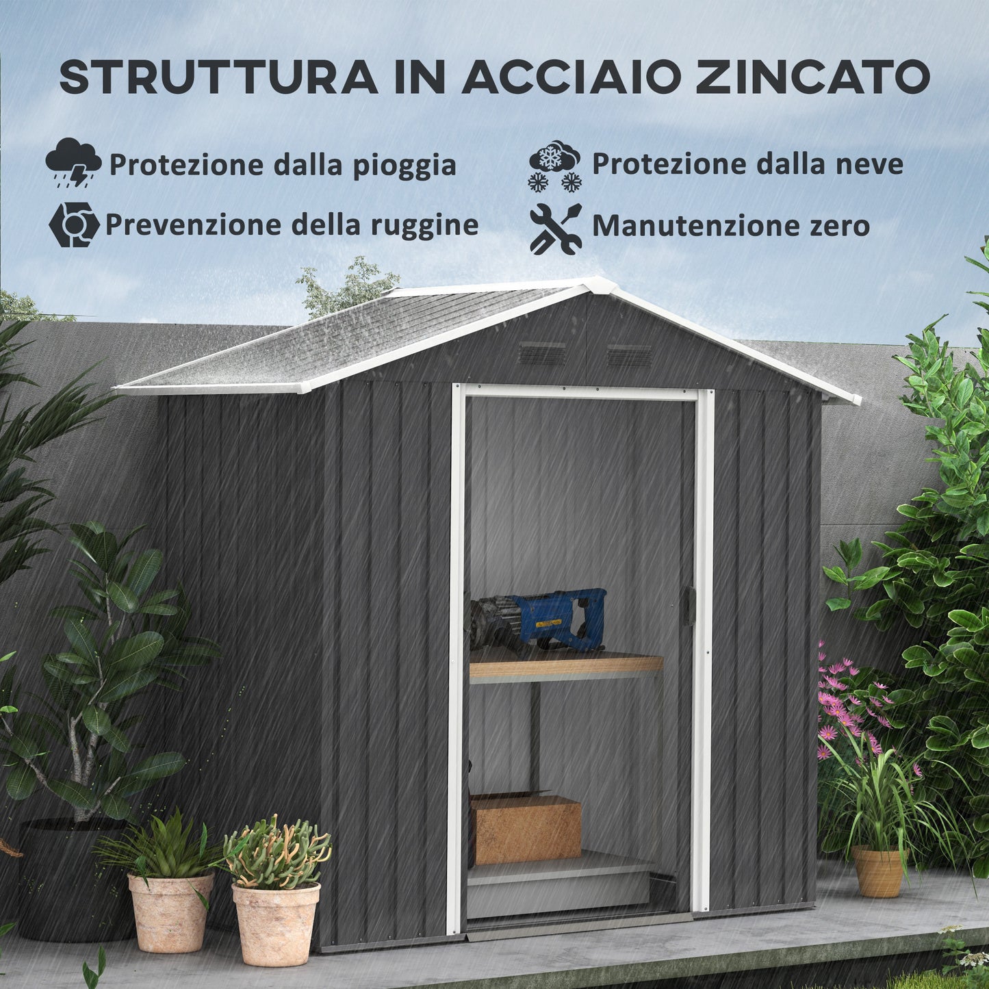 Garden Shed with Double Sliding Door, 4 Air Vents and Locking System, Grey