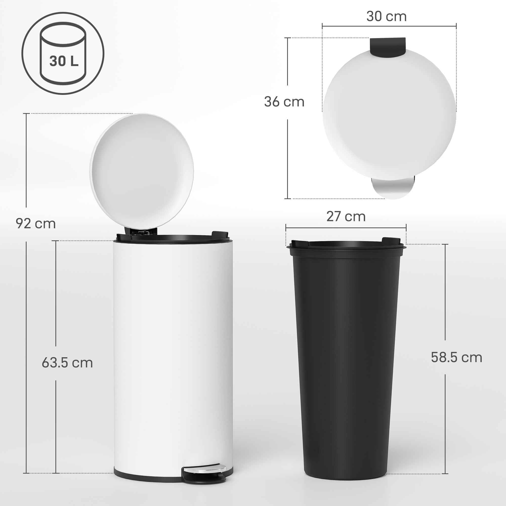 HOMCOM 30L Pedal Bin with Soft-Close Lid, Metal and PP, 36x30x63.5 cm, Cream White
