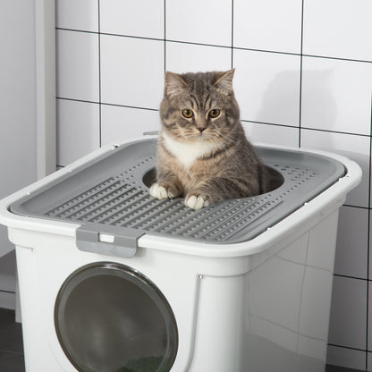 Double-Entrance Closed Cat Litter Box with Tray and Scoop, Made of PE Plastic, 44x55x39 cm, White