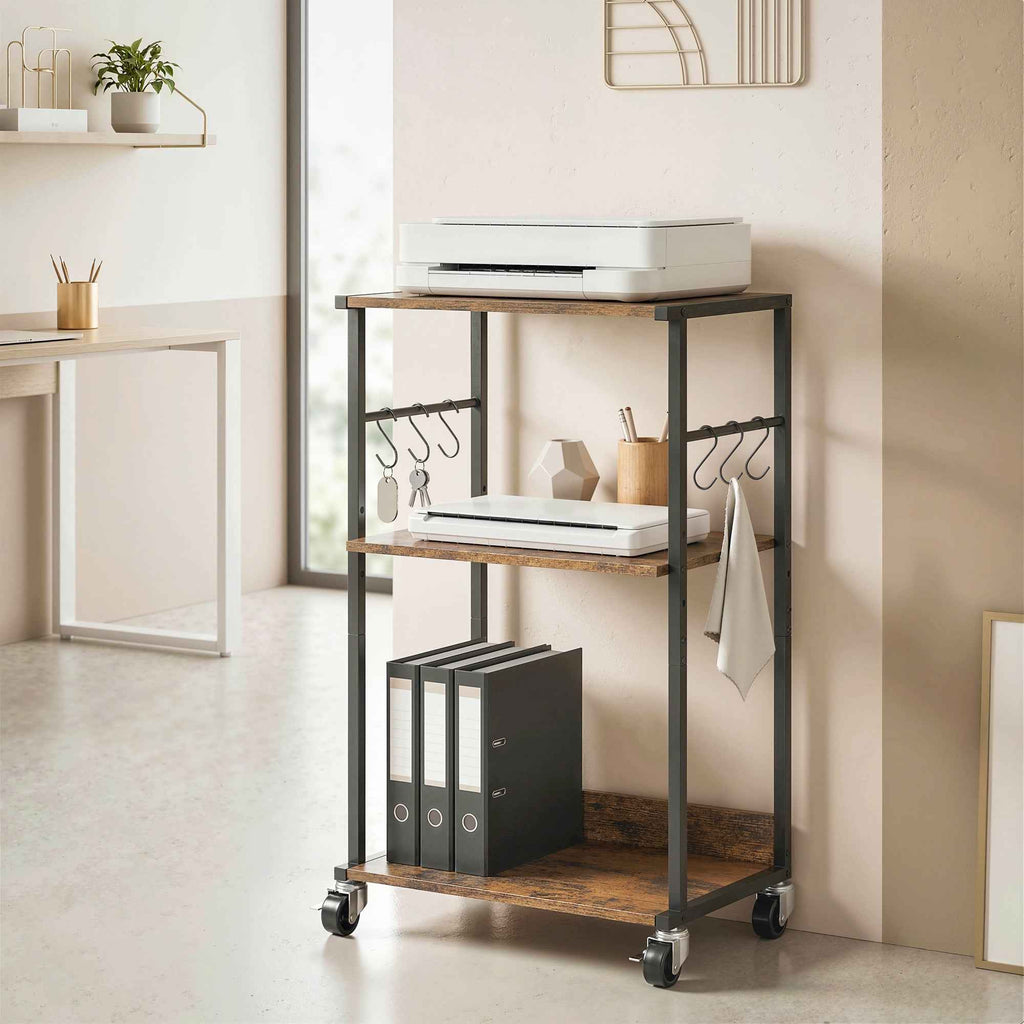 HOMCOM Industrial Printer Table 3 Tier, Wheels and Hooks, Rustic Brown.