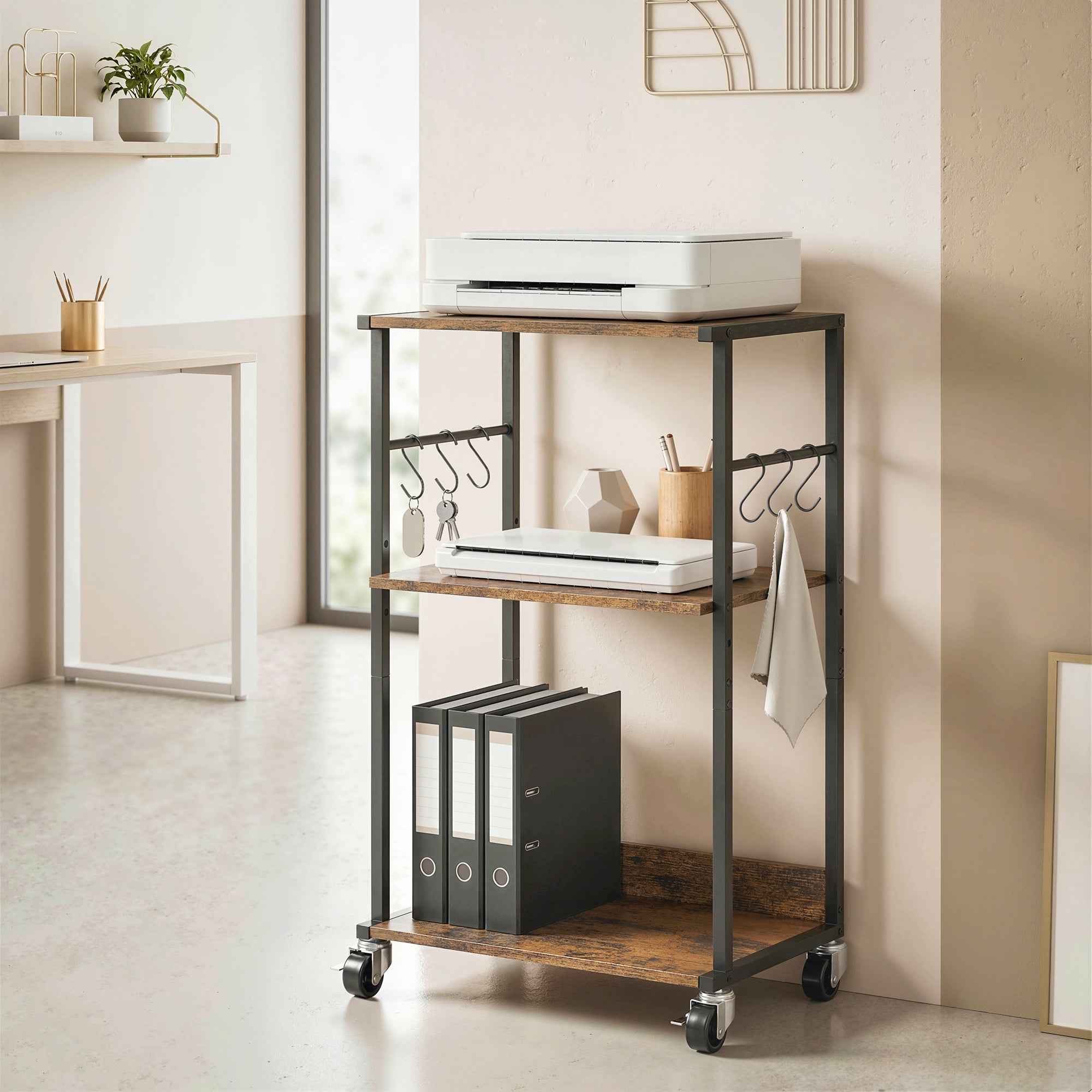HOMCOM Industrial Printer Table 3 Tier, Wheels and Hooks, Rustic Brown.