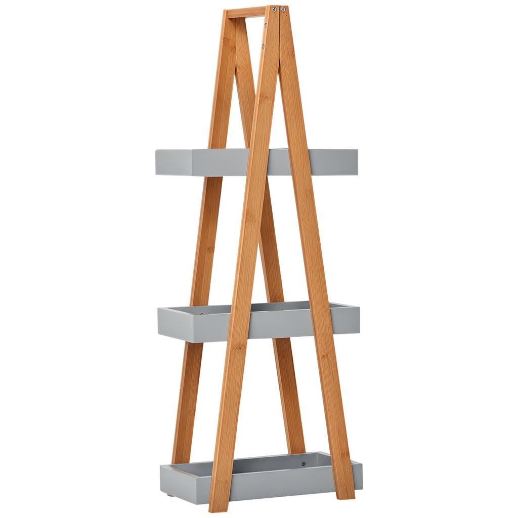 Kleankin Space-Saving Bathroom Shelf in MDF and Bamboo, Pyramid Shape with 3 Shelves, Wood and Grey Color, 30x18x81cm