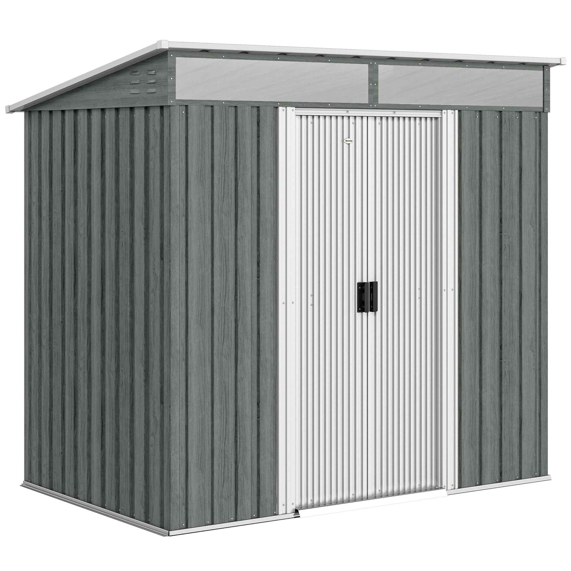 Outsunny Garden Shed with Sliding Doors and Steel Flooring, 195x122x181.5 cm, Light Grey