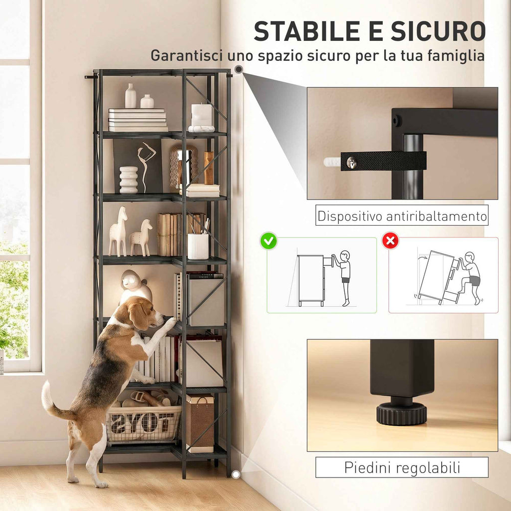 7-Tier Corner Bookcase, Industrial Shelf, Black Wood Effect