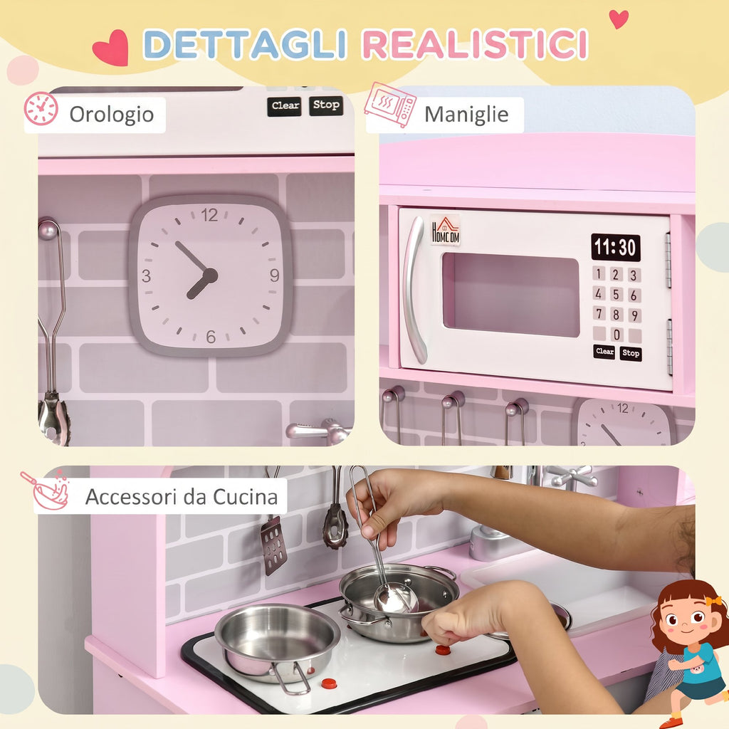 HOMCOM Kids' Play Kitchen with Stove, Lights and Sounds, Microwave, Water Dispenser, Ages 3-6, Pink