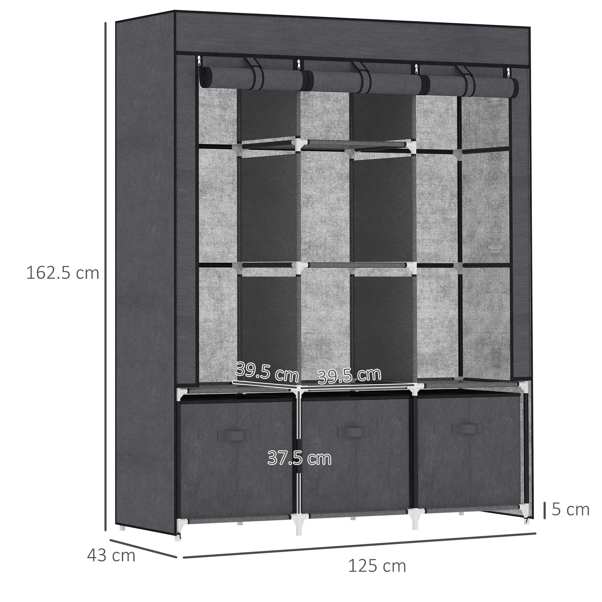 HOMCOM Folding Fabric Wardrobe with Drawers and Roller Doors with Zip, 125x43x162.5cm, Dark Gray - Borgè