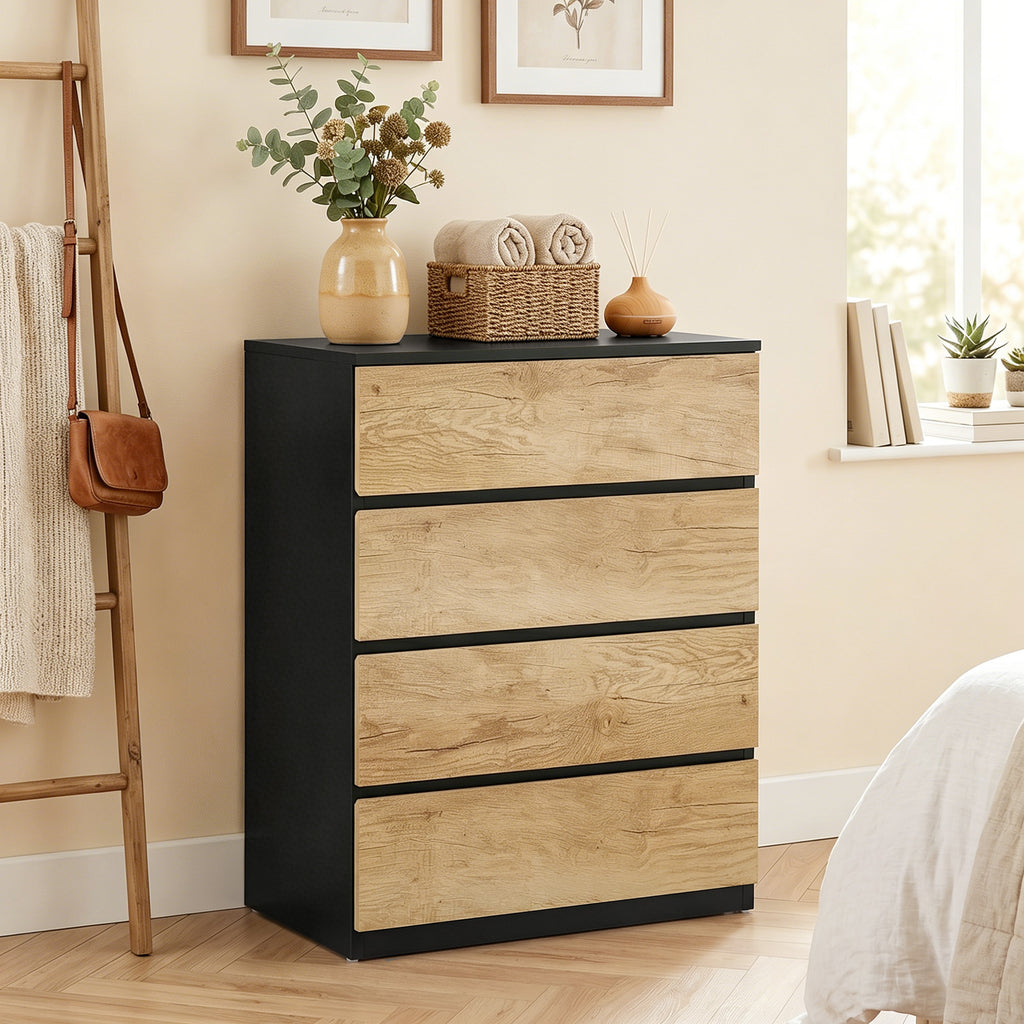 HOMCOM 4-Drawer Wooden Chest of Drawers with Metal Rails and Grooved Handles, 60x40x80 cm, Black and Oak