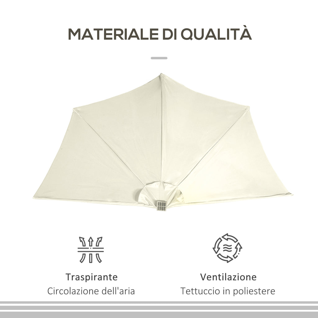 Semicircular Umbrella with Crank, 20 LED Lights and Solar Panel, 265x135x240 cm, Beige