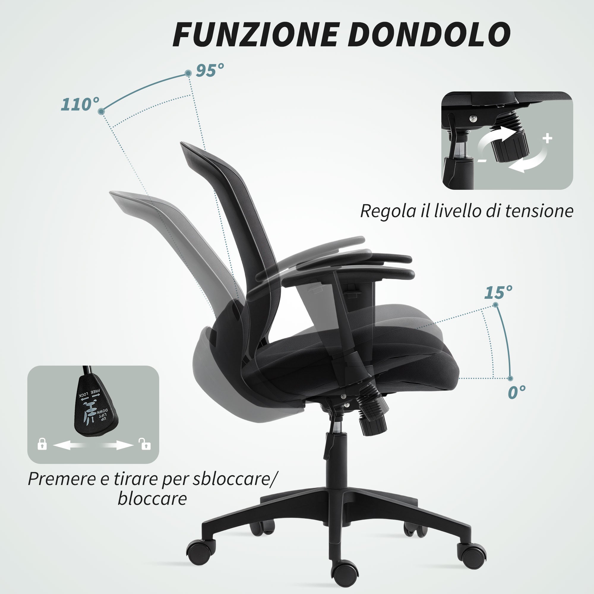 Breathable Mesh Office Chair, Height-Adjustable Reclining, 65 x 59 x 92.5-102.5 cm, Black