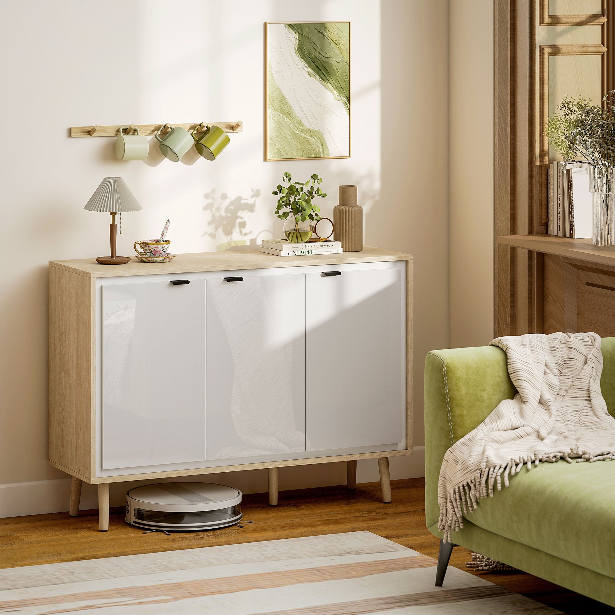 Modern 3-Door Sideboard with Adjustable Shelf, 107x35x77 cm, Gloss White and Oak