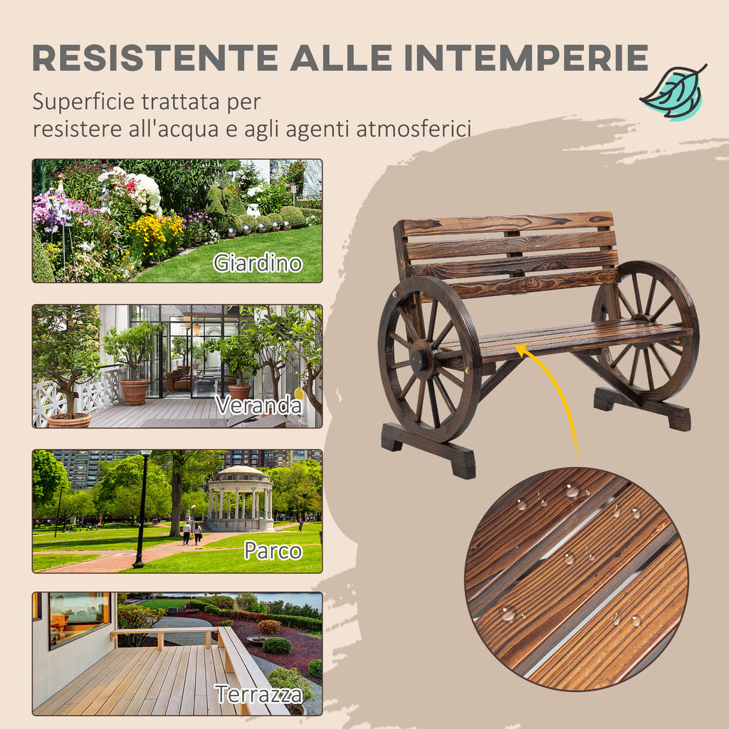 Outsunny 2-Seater Garden Bench with Slatted Frame and Wagon Wheel Armrests, Wooden, 105.5x56x79 cm, Burnt Brown