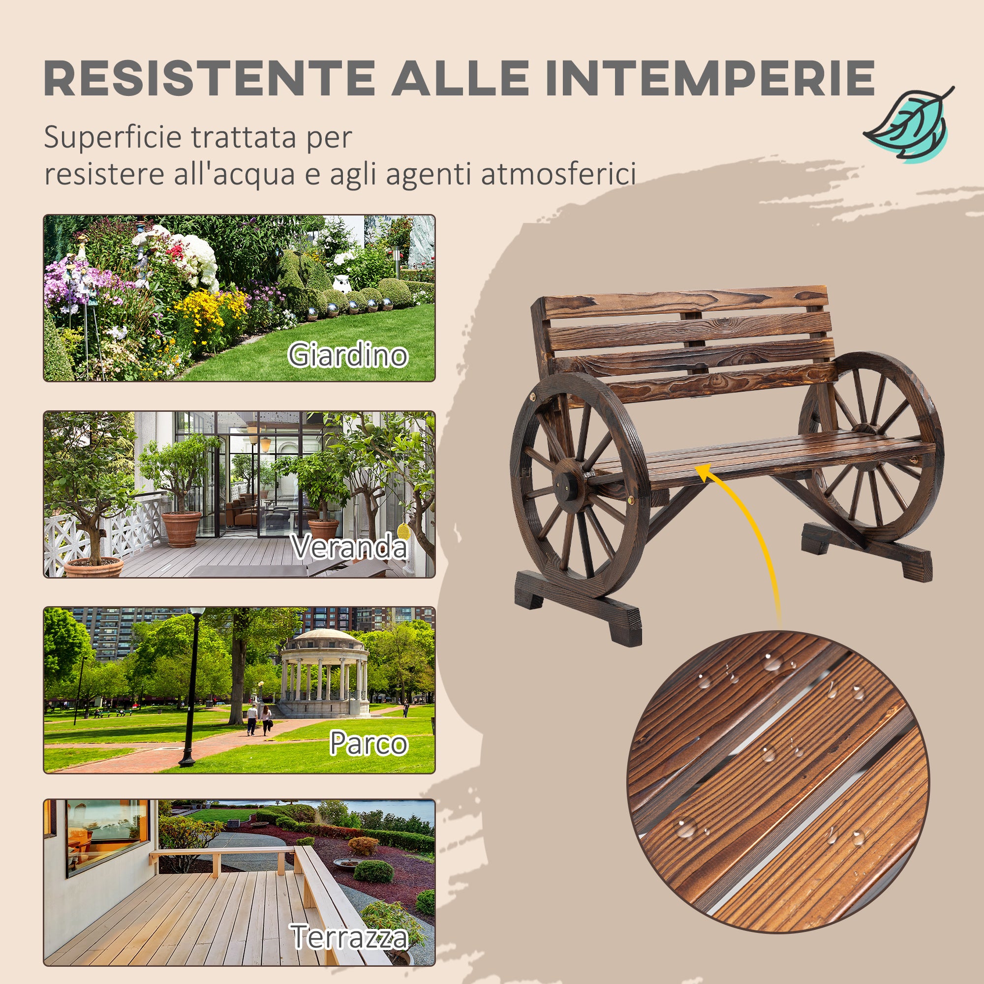 Outsunny 2-Seater Garden Bench with Slatted Frame and Wagon Wheel Armrests, Wooden, 105.5x56x79 cm, Burnt Brown