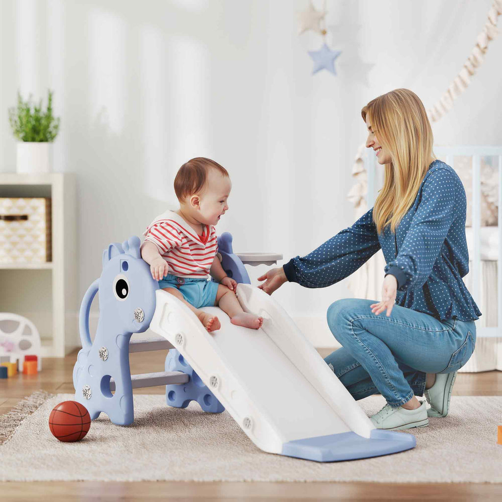AIYAPLAY Kids Slide with Ladder, Basketball Hoop and Ball, Giraffe Design, for Children 1-3 Years Old, Blue