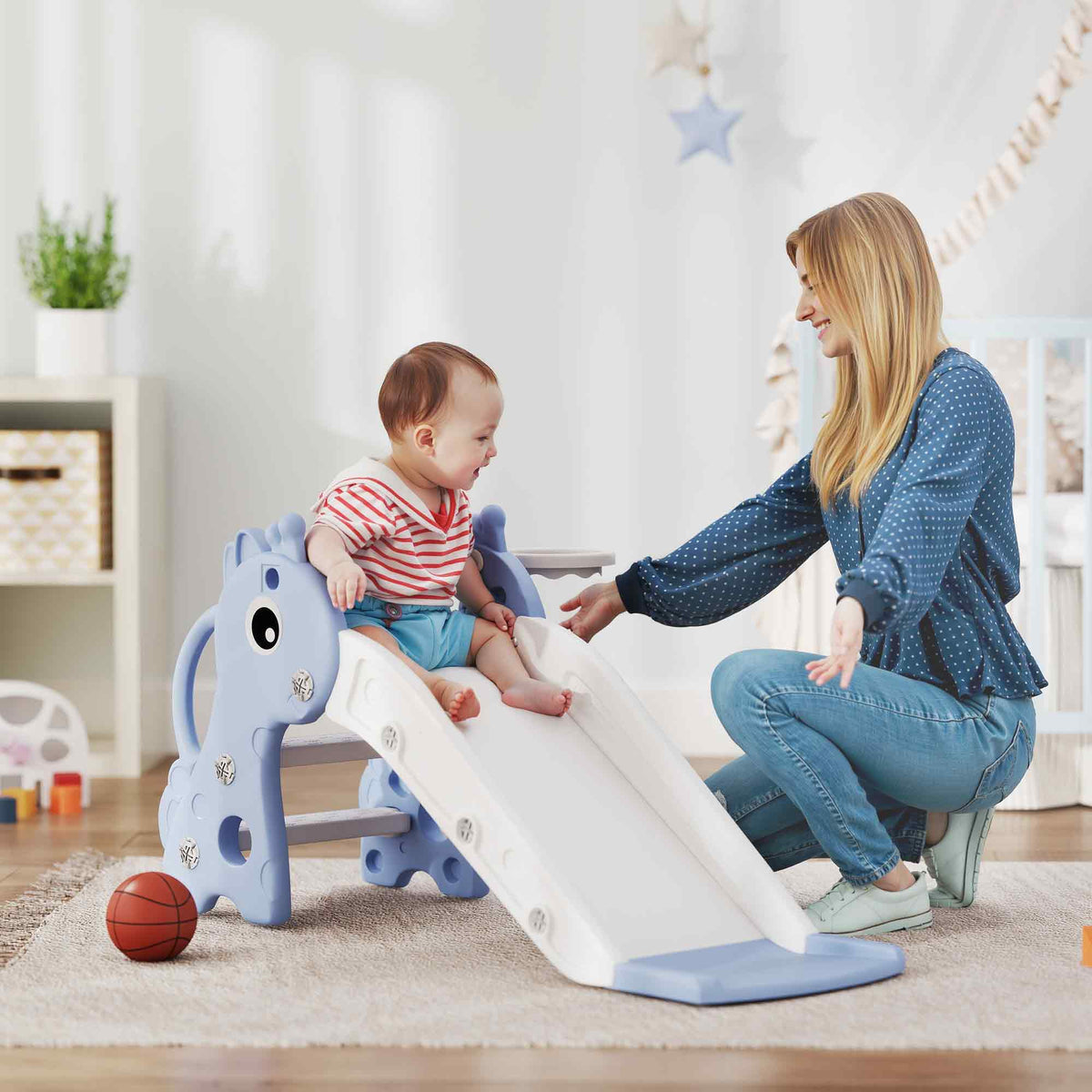 AIYAPLAY Kids Slide with Ladder, Basketball Hoop and Ball, Giraffe Design, for Children 1-3 Years Old, Blue