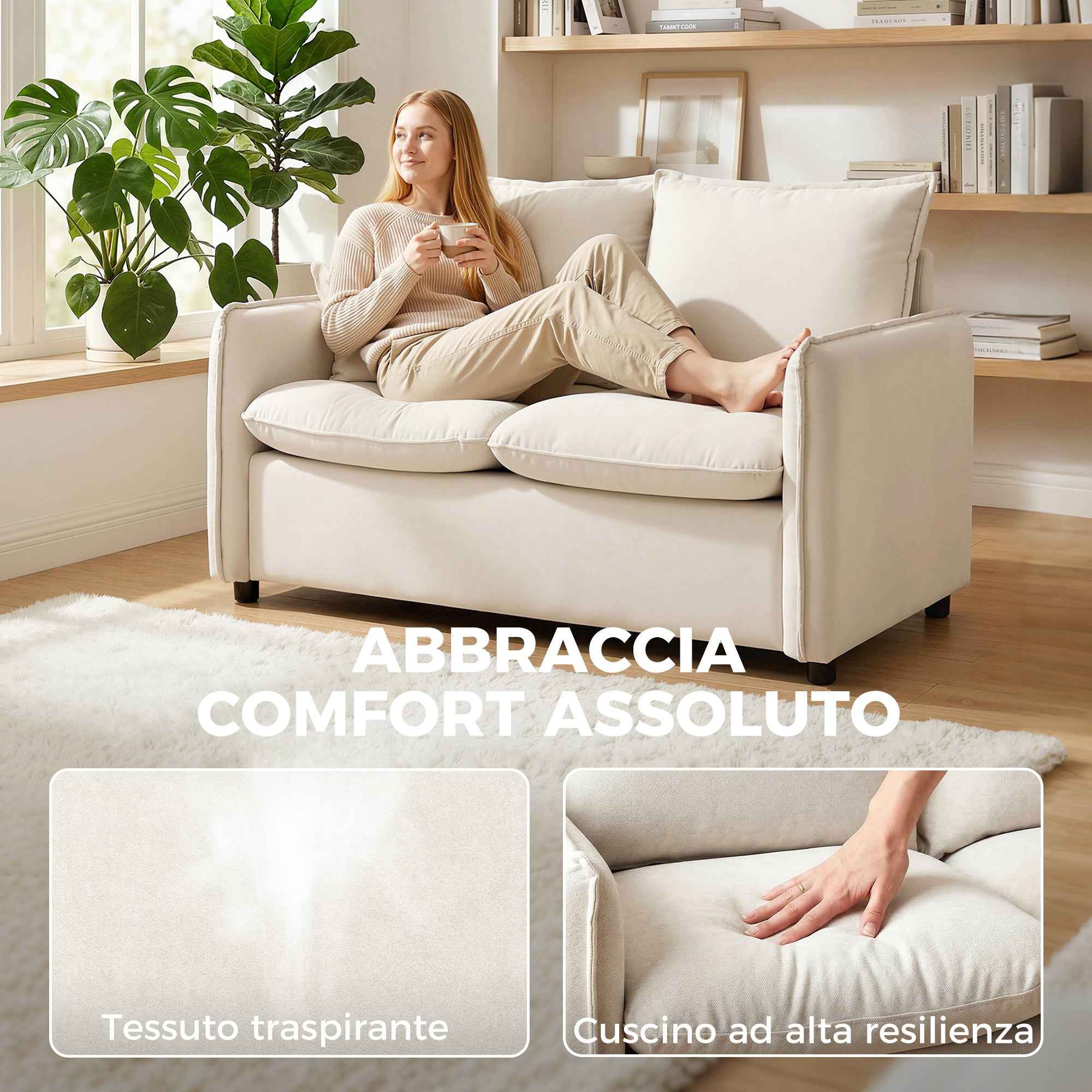 2-Seater Sofa with Breathable Leather Effect Fabric, Thick Padding, 2 Cushions, Armrests, for Living Room, Cream