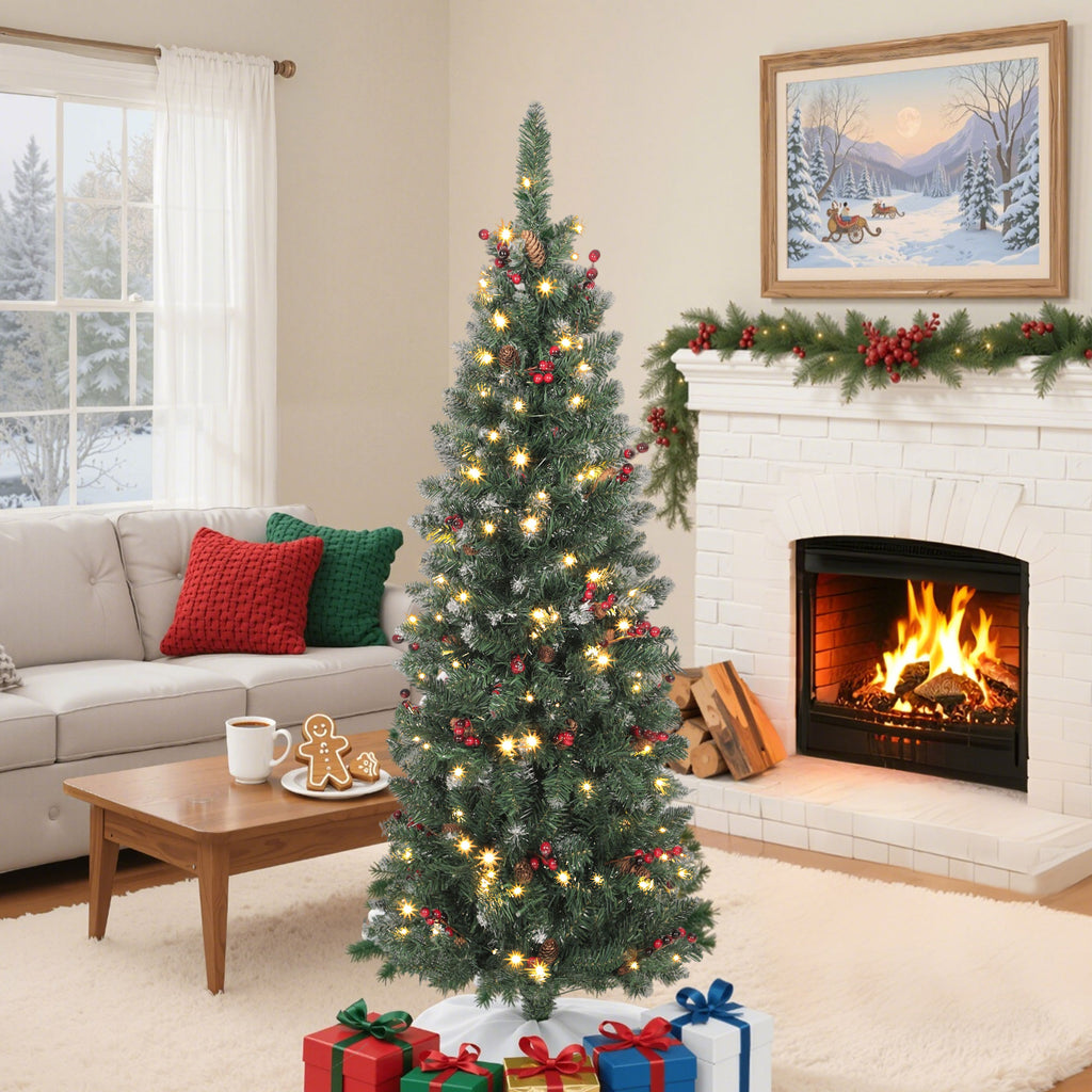 Illuminated Christmas Tree with 150 LED Lights, 30 Pine Cones and 30 Berry Bunches, Ø60x150 cm, Green and Silver