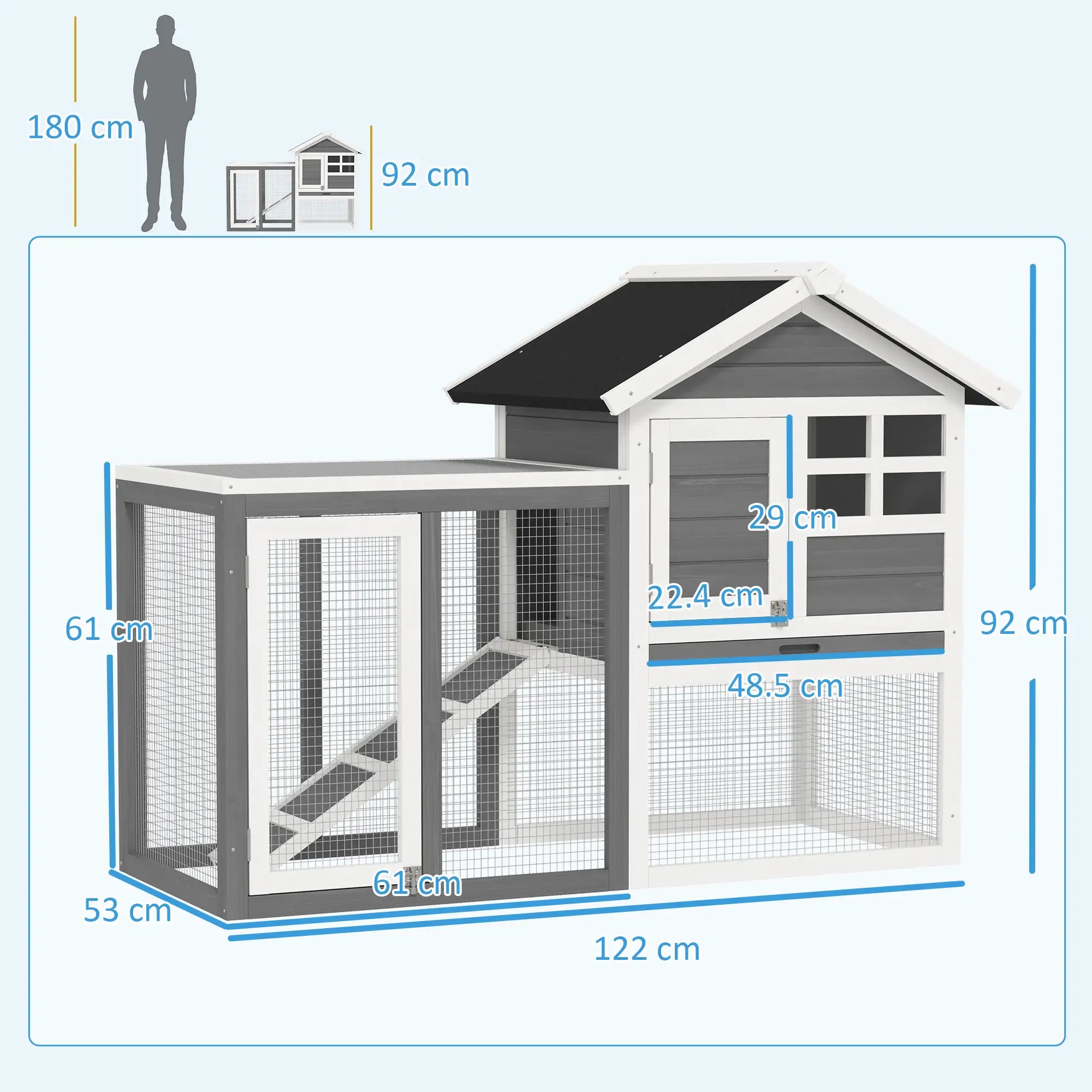 Rabbit Cage, Guinea Pigs and Rodents, Outdoor Rabbit Hutch in Fir Wood with House, Tray and Ramp, 122x62. 6x92 cm, Grey and White - Borge' Group Limited
