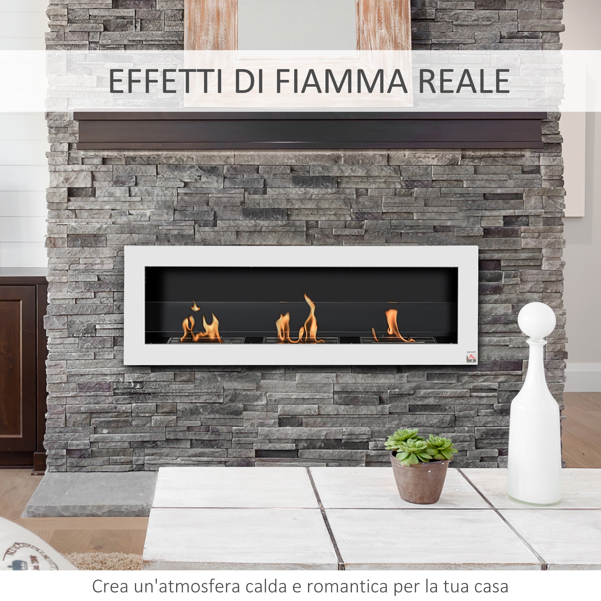 Wall-Mounted Bioethanol Fireplace with 3 x 1L Tanks and 20m² Coverage, Steel and Glass, 120x15x40 cm, White