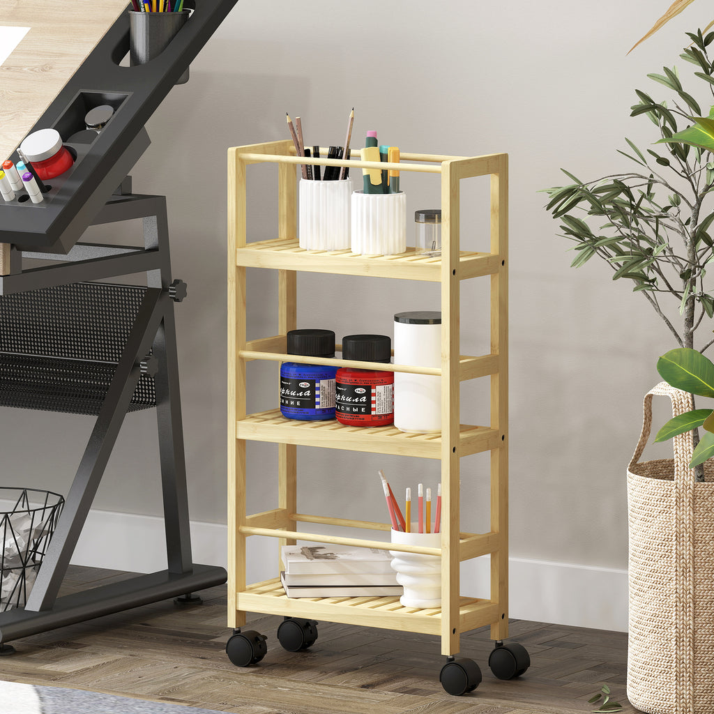 3-Tier Bathroom Shelf with Wheels, Bamboo Wood Trolley, 36x15x73 cm, Wood Color