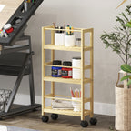 3-Tier Bathroom Shelf with Wheels, Bamboo Wood Trolley, 36x15x73 cm, Wood Color