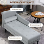 Chaise Longue with Quilted Velvet Effect Covering in Grey, Solid Wood and Sponge, 146x61x82.5 cm
