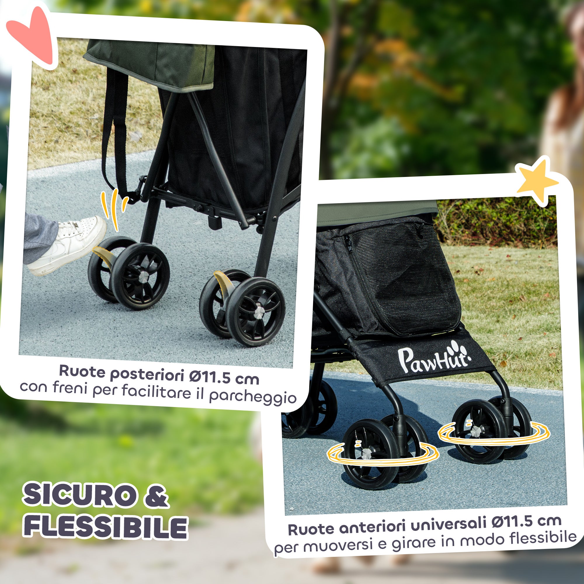 Dog Stroller with 2 Mesh Windows, in Steel and Oxford Fabric, 76x44x103 cm, Black and Dark Green