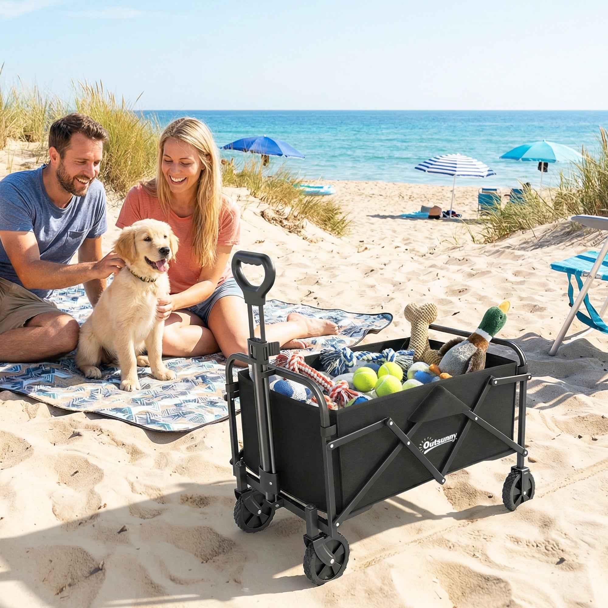 Outsunny 66L Folding Garden Cart with Adjustable Handle and Cup Holder, Black