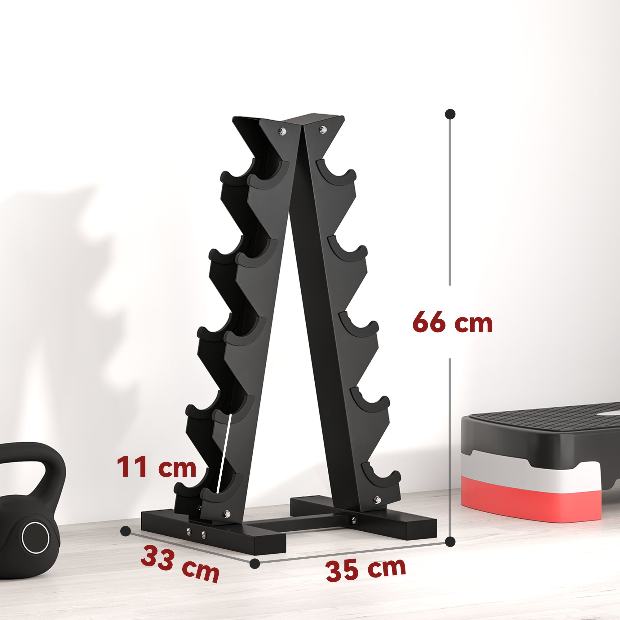 5-Tier Steel Dumbbell Rack with Plastic Inserts, 35x33x66 cm, Black