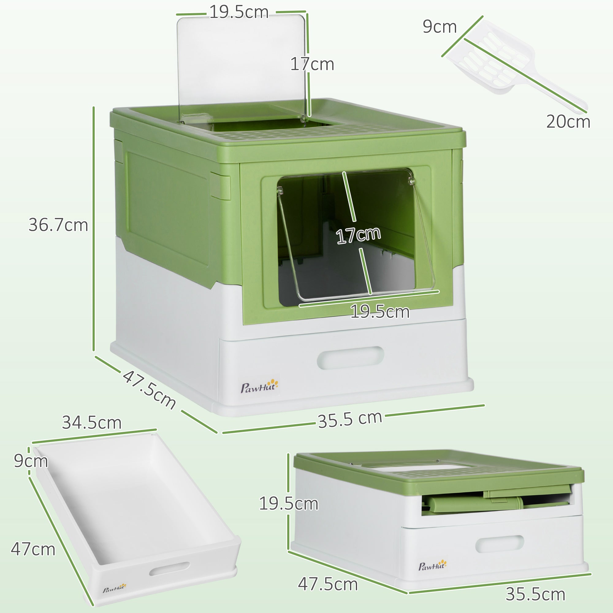 Enclosed Cat Litter Box with Scoop, Removable Tray and 2 Doors, 47.5x35.5x36.7cm, Light Green