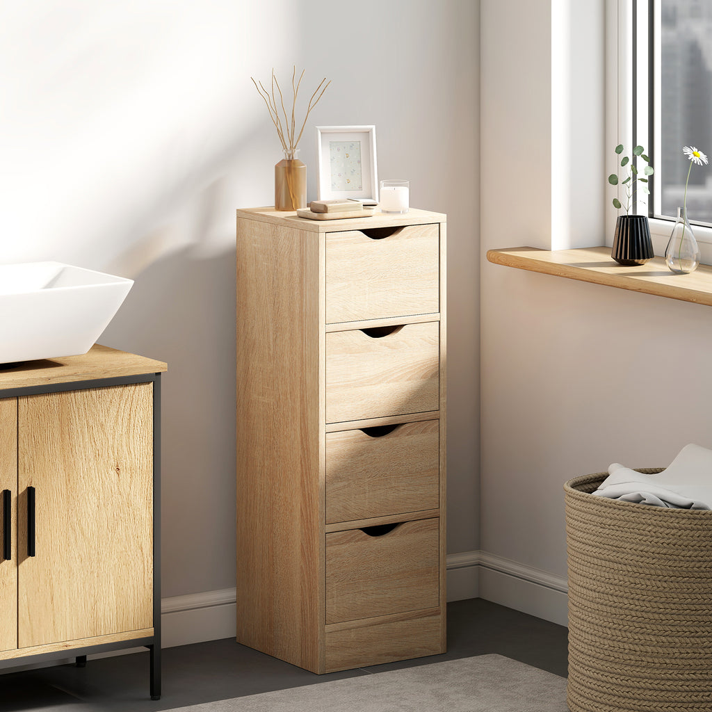 Space-Saving Bathroom Cabinet with 4 Drawers and Carved Handles in Nordic Style, 29x29x83 cm, Natural Wood