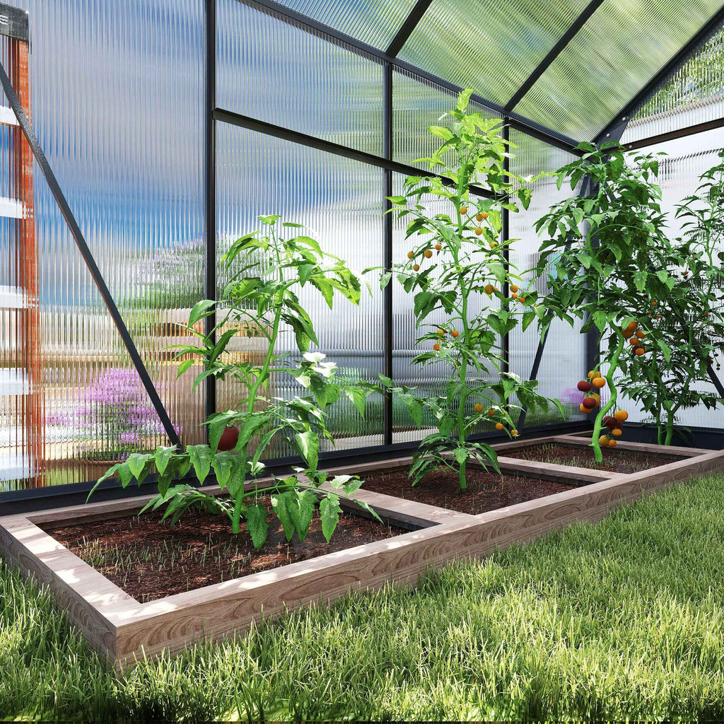 Outsunny Polycarbonate and Aluminum Greenhouse with Sliding Door, Air Vent and Gutter, 190x252x201 cm, Gray