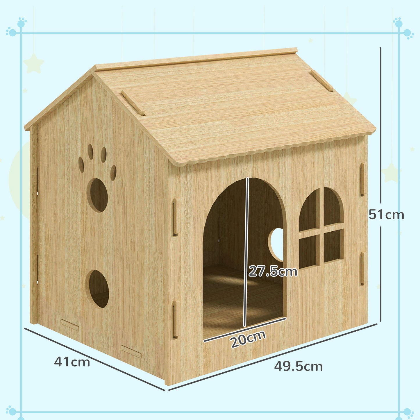 Indoor Dog House with Window and Front Entrance, Wooden, 49.5x41x51 cm, Oak color