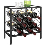 Wine Bottle Rack for 10 Bottles in Black Steel with Tempered Glass Shelf, 41x22x41 cm