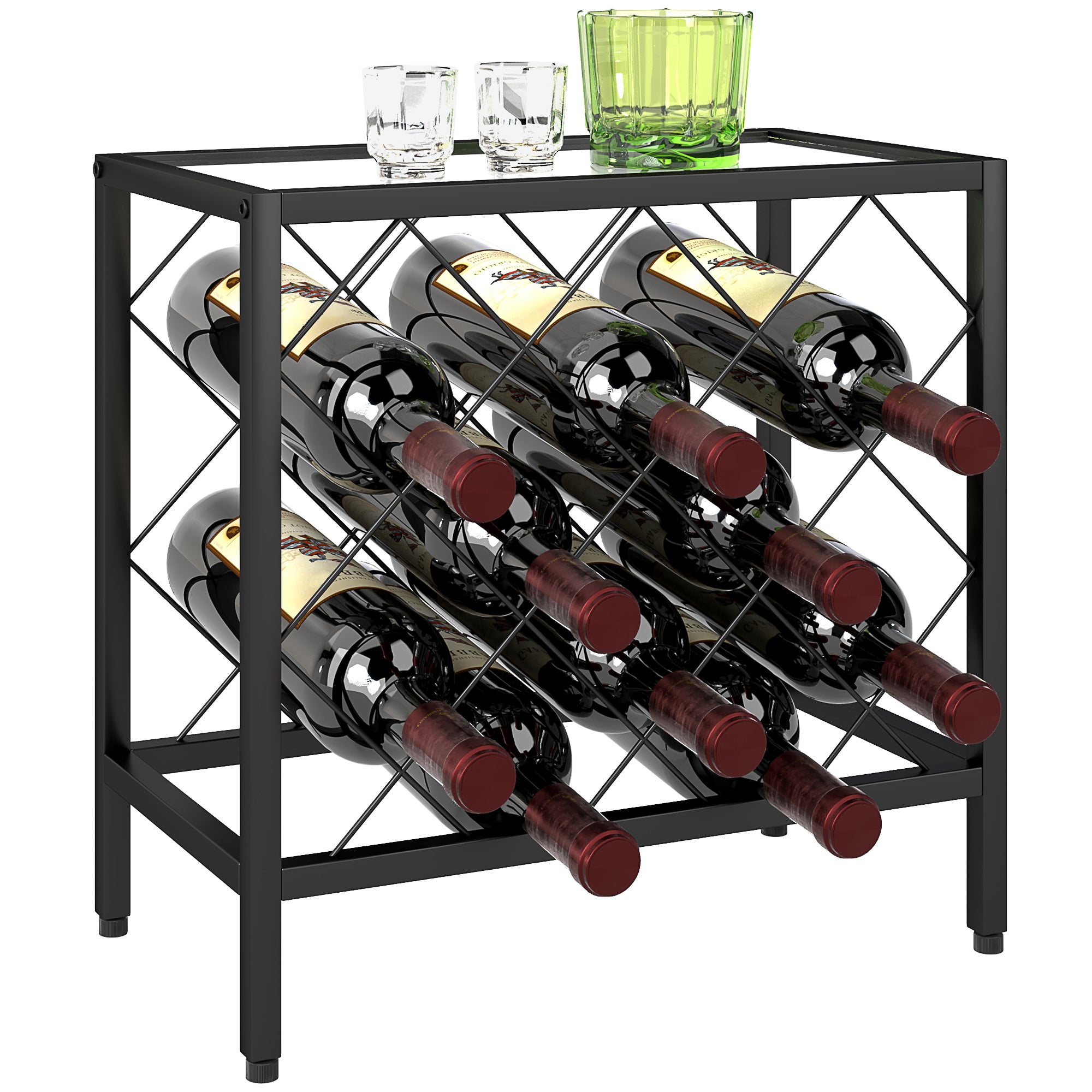 Wine Bottle Rack for 10 Bottles in Black Steel with Tempered Glass Shelf, 41x22x41 cm