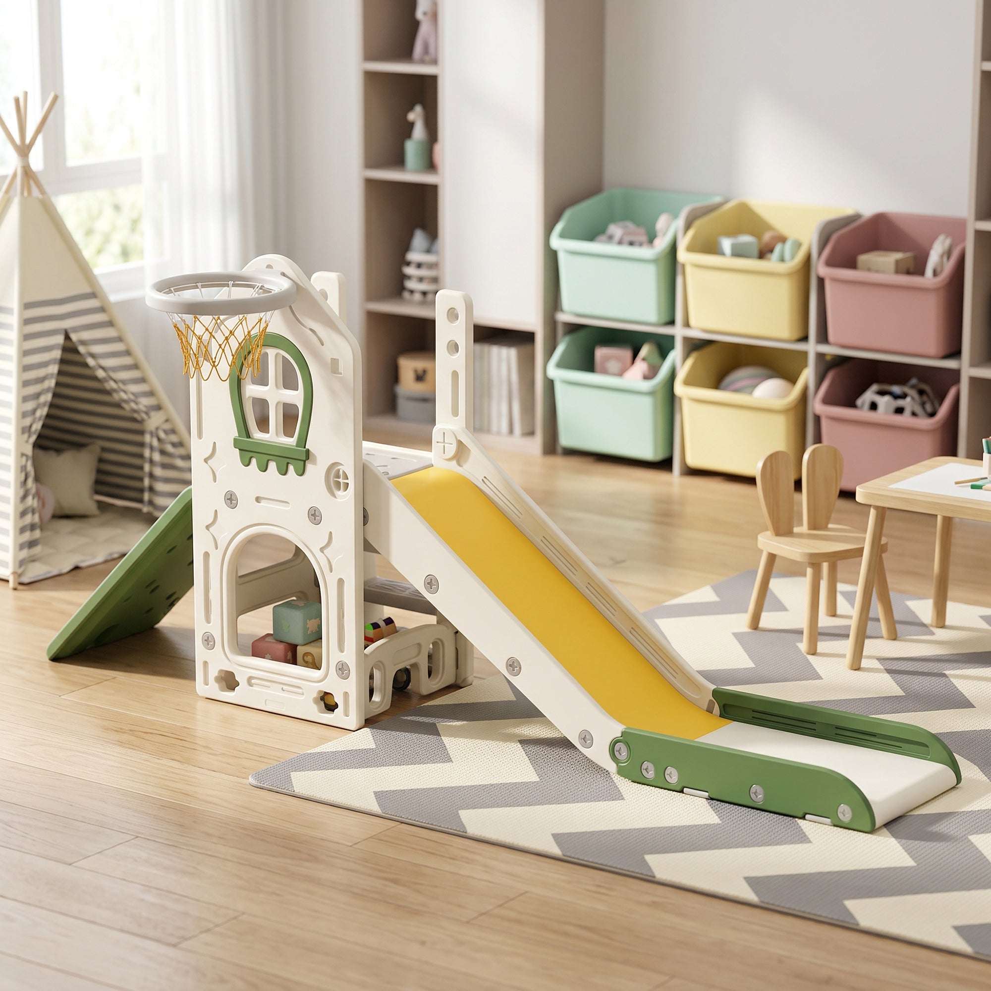 AIYAPLAY Slide for Children 1-3 Years with Climbing Frame, Basketball Hoop, Storage Space, Non-Slip Steps, Cream