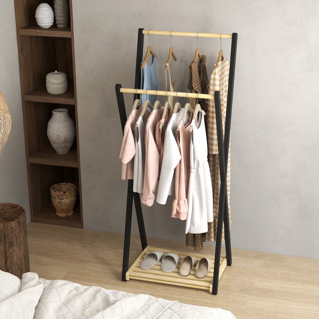 HOMCOM Wooden Floor Coat Rack with 2 Bars and Lower Shelf Modern Design, 61x45x152cm - Borgè