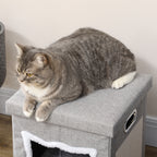 Cat House with Scratching Post, Cushion and Ball, Made of Wood and Polyester, 35.5x35.5x42.5 cm, Cream and Grey
